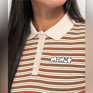 Monet Madina Brown Striped Crop Polo Shirt